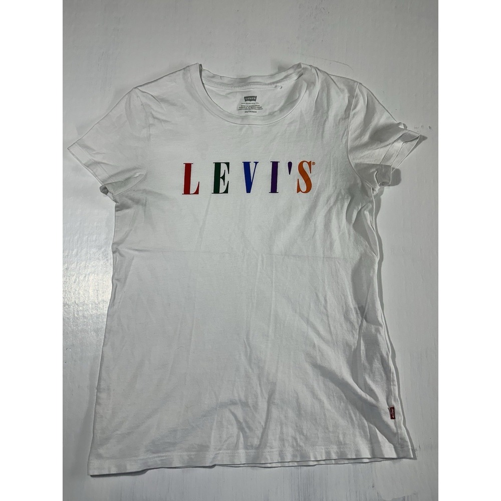 Levi's Women's White T-shirt Colorful Logo Size XS Casual Streetwear